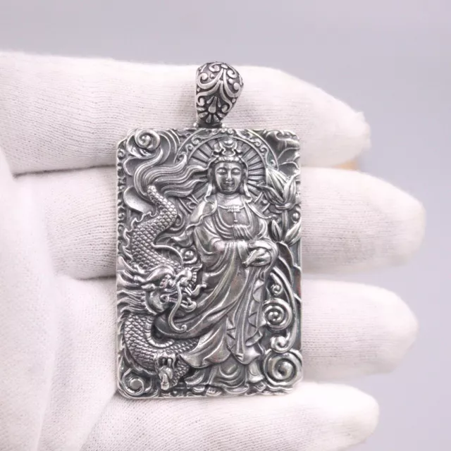 S999 Sterling Silver Pendant For Male Kwan-yin Head Vintage Dragon Plate Pendant