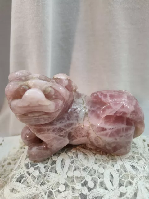 Rose Quartz Antique Chinese Hand Carved Foo Dog with Ball