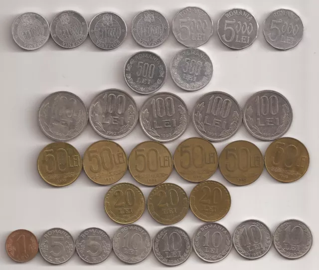 Romania, 31 coins, different dates 1990-2004 all listed. #39