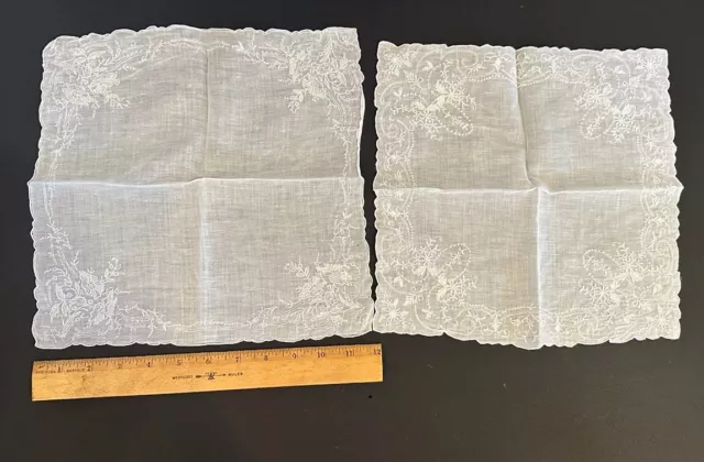 Vintage Pair Handmade Embroidered Bridal Hankie Handkerchief 12” Set 2 2