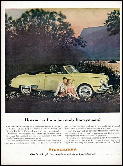 1948 Honeymoon couple Mountain Lake Studebaker Car vintage photo print ad L19