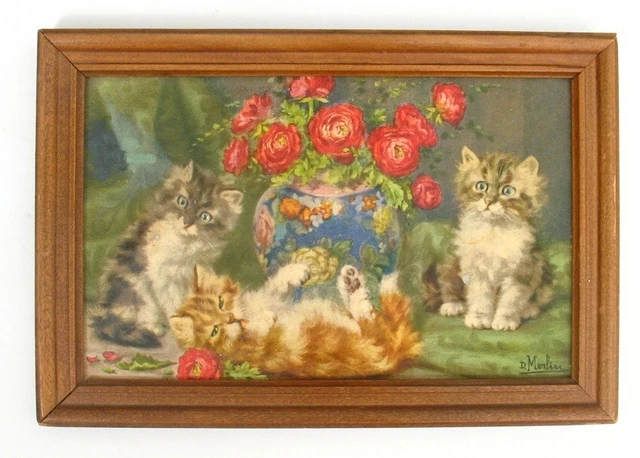Signed “D. Merlin” Embossed Cat/Kittens Picture, Puffy 3D, Vintage Mid Century