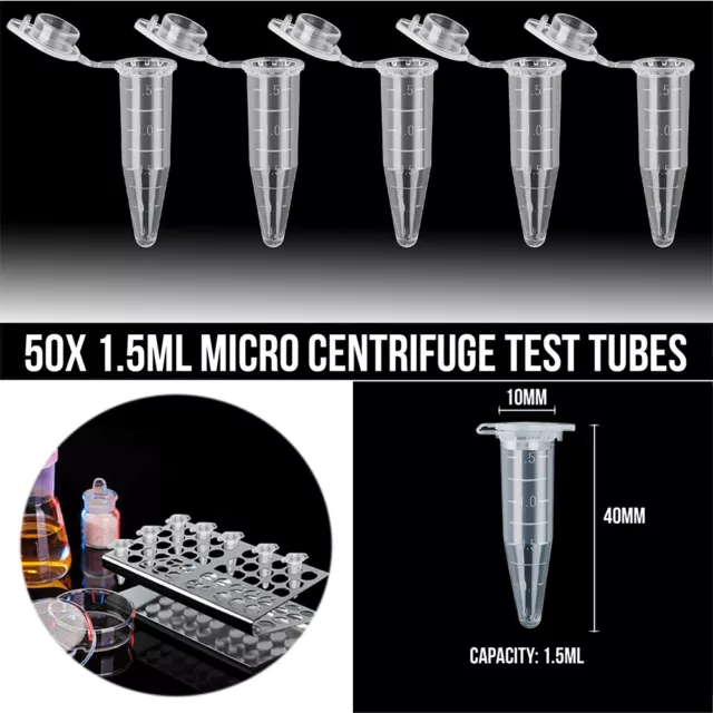 50/100 1.5ML Lab Clear Micro Centrifuge Test Tube Vial with Snap Cap lid Plastic