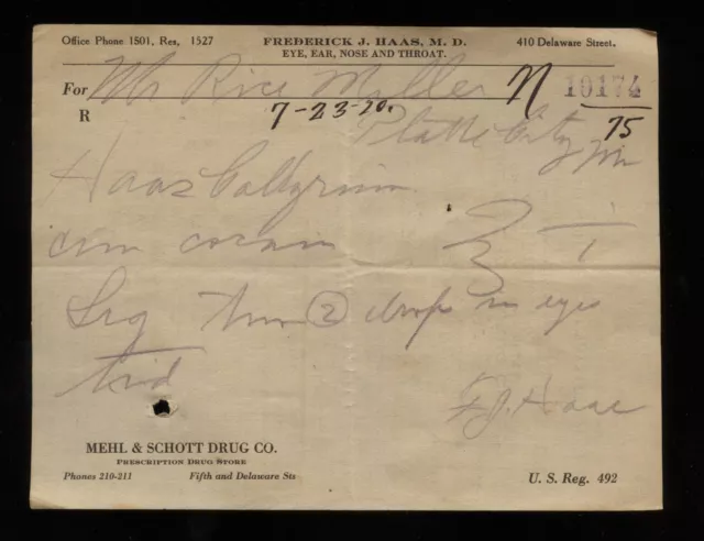 FREDERICK J HAAS MD Leavenworth Kansas Handwritten COCAINE Prescription 1920 #8