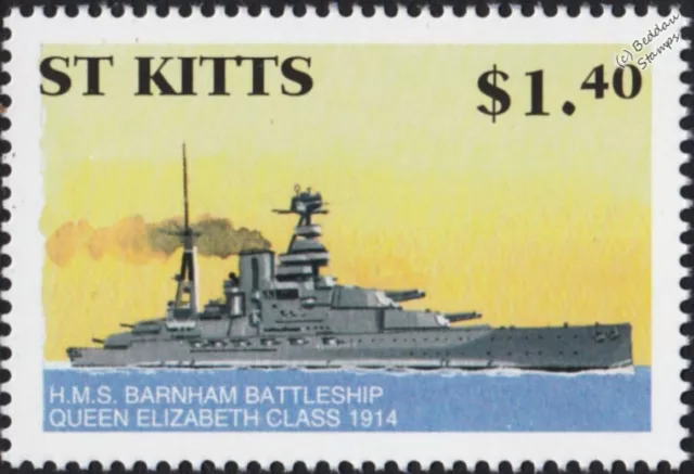 WWI WWII HMS BARHAM Queen Elizabeth Class Battleship Warship Stamp 2001 St Kitts