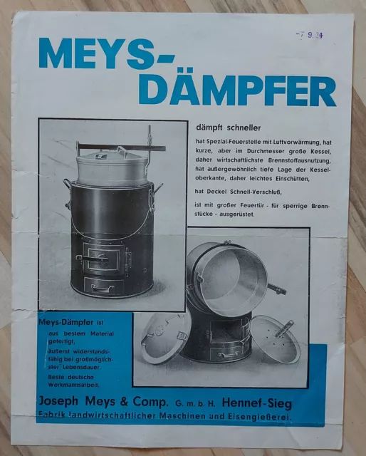 Meys-Dämpfer 1934 RM Joseph Meys & Comp. Hennef-Sieg landwirtschaftl. Maschinen