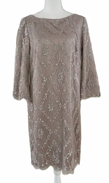 ELIZA J Mauve and Silver Lace Fully Lined Dress with Bell Sleeve Womens 12 VGC!