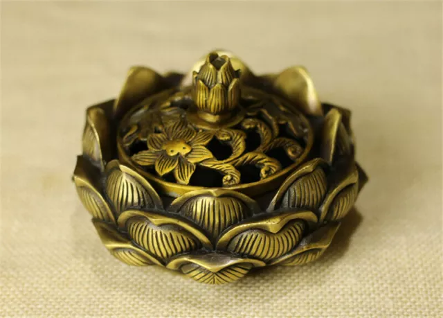 4.13" Chinese exquisite brass handmade Carving lotus Lotus  Incense burner