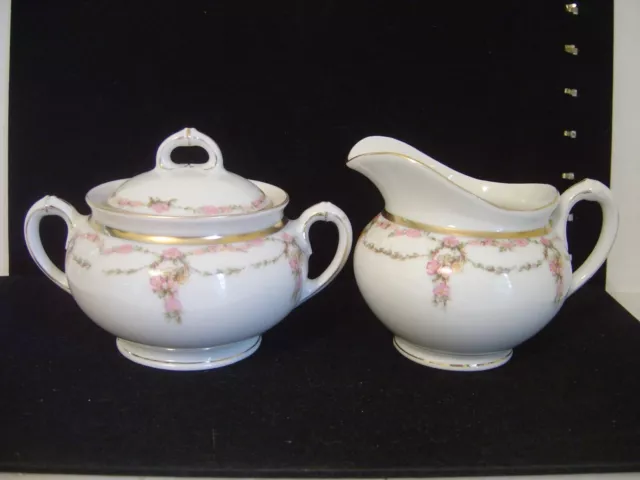 Vintage M. Z. Austria Porcelain Sugar Bowl With Lid And Creamer Pink Garland