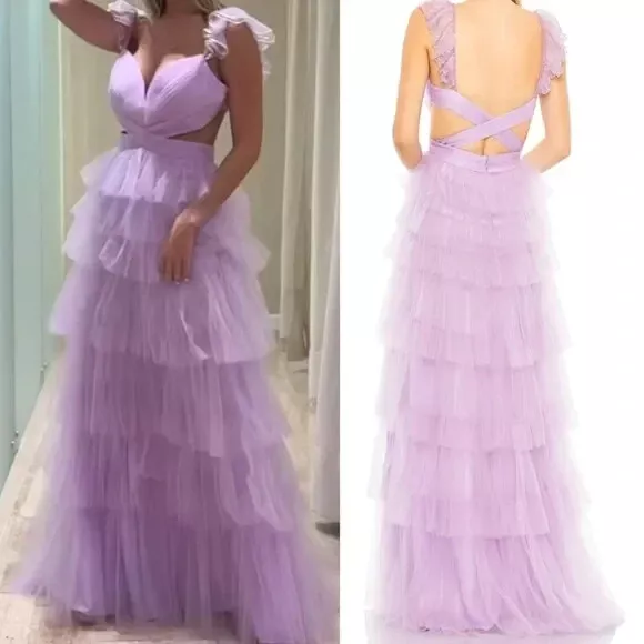 NWT Mac Duggal 50670 Lavender Lilac Ruffle Tiered Tulle Cutout Maxi Dress 4