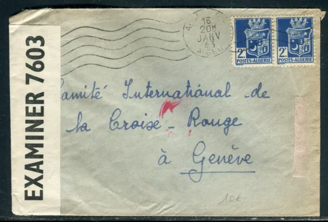 Algérie - Enveloppe de Alger pour la Croix Rouge de Genève en 1943 avec contrôle