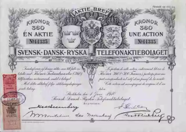 TELEFON Svensk Dansk Ryska Stockholm  ERICSSON 1910 Historische Wertpapiere