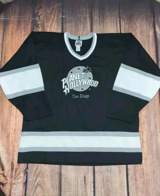 VTG 90s Planet Hollywood San Diego Embroidered Black Silver Hockey Jersey Sz XL