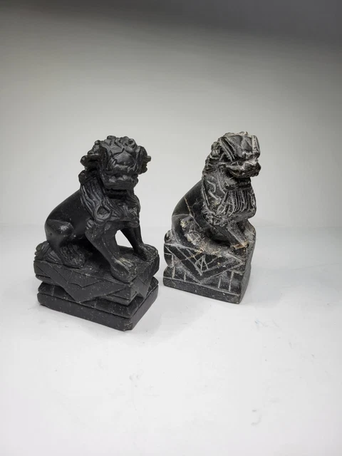 Chinese Hand Carved Black Stone Foo Fu Dog / Lion Figurines Pair Vintage