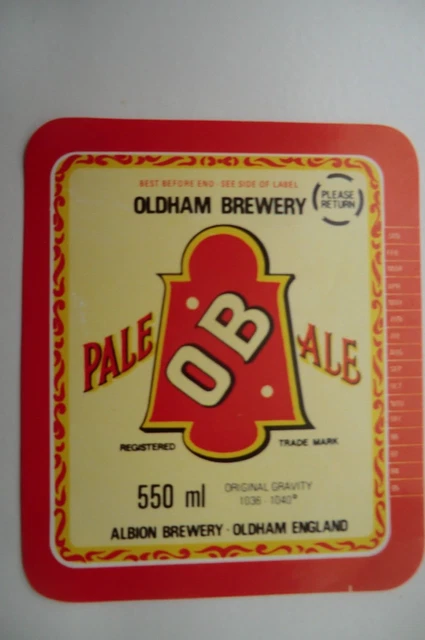 1984-87 OLDHAM BREWERY PALE ALE 550ml BREWERY BEER BOTTLE LABEL