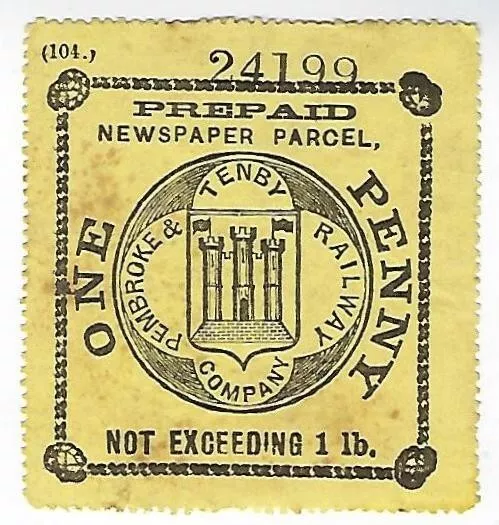 Pembroke & Tenby Railway - Newspaper Parcel 1d stamp (approx 57mm x 62)