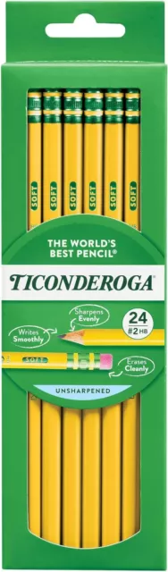 Ticonderoga Wood-Cased Pencils, Unsharpened, 2 HB Soft, Yellow, 24 Count New