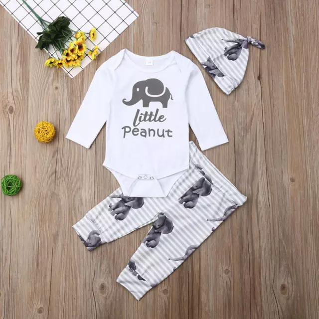 3PCS Newborn Infant Baby Boy Romper Tops Pants Hat Clothes Outfits Set