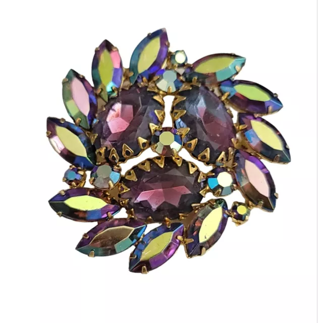 Peacock AB Blue Green Prong Rhinestone Cluster Brooch, M261