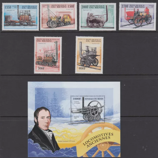 RAILWAYS: BENIN 1997 Steam Railway Locomotives set+M/Sheet SG1691-6+MS1697 MNH