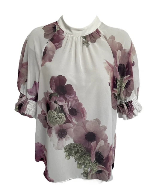 Ted Baker Cayliee Bianco Chiffon Stampa Floreale collo Alto Manica Corta Blusa 1