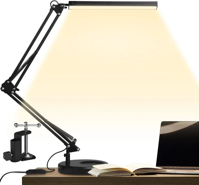 LED Desk Lamp with Clamp and Round Base , Eye Caring Table Lamp with Swing Arm