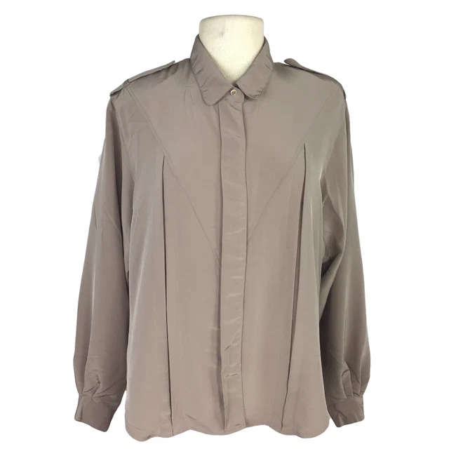 Jean De Pierre Women 9 10 Button Up Secretary Top Relax Pleats Epaulet Taupe VTG