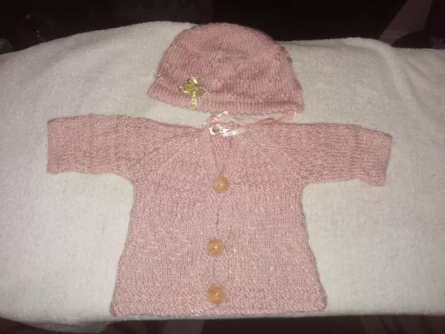 Baby Girl Age 3 To 6 Months Pink Cardigan Jumper Hat Handmade New Without Tags