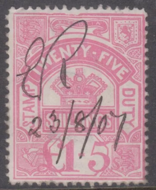 VICTORIA - REVENUE:  1879 £1/5/- pink Typo Stamp Duty,  1907 pen cancel.