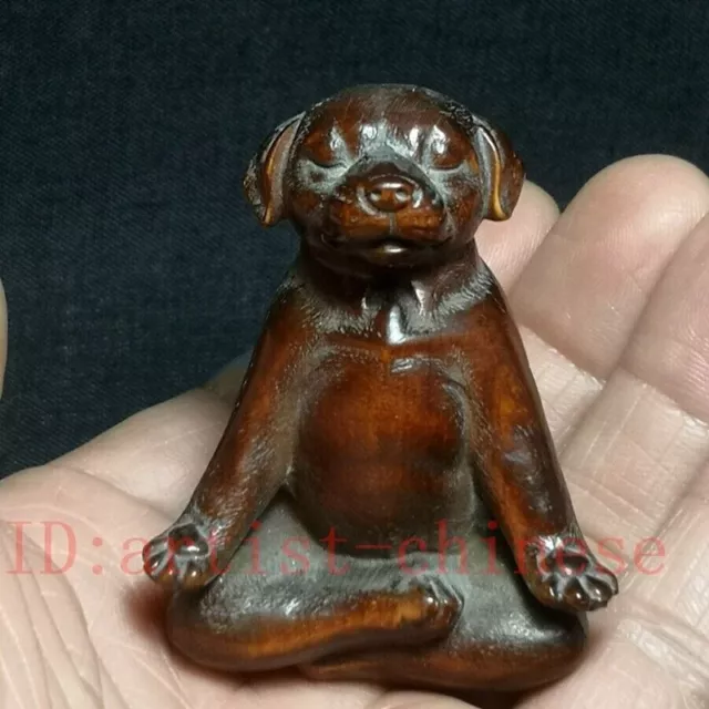 Japanese boxwood hand carved Exercise dog Figure statue netsuke collectable gift