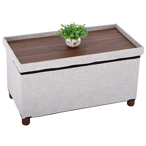 30 Inches Storage Ottoman Bench, Storage Bench with Wooden Legs for Living