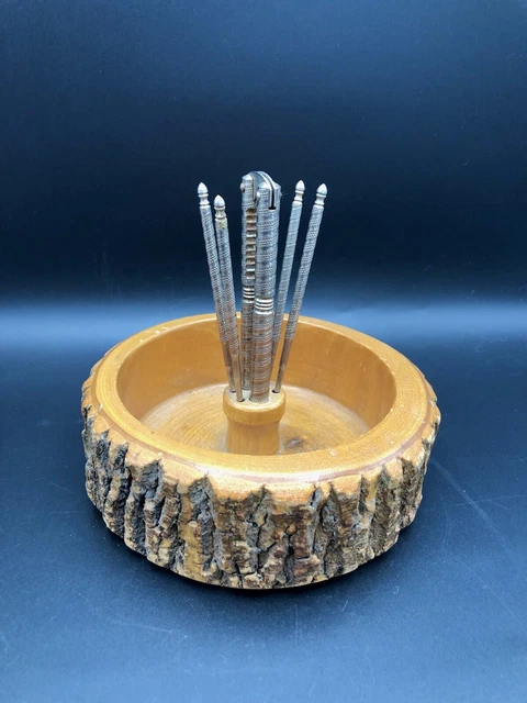 Vintage Tree Bark Live Edge Log Slice Wood Turned NUT CRACKER BOWL w 4 Picks Set