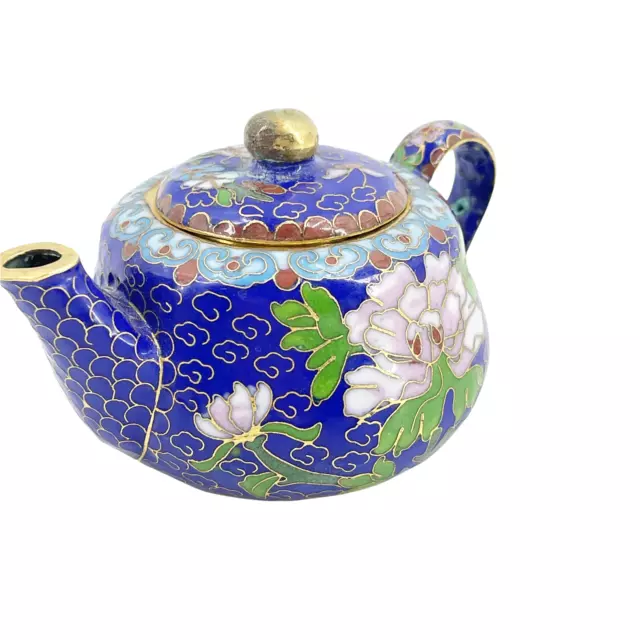 Vintage Cloisonne Miniature Japanese Teapot Brass Cobalt Enamel Lotus Flower 3