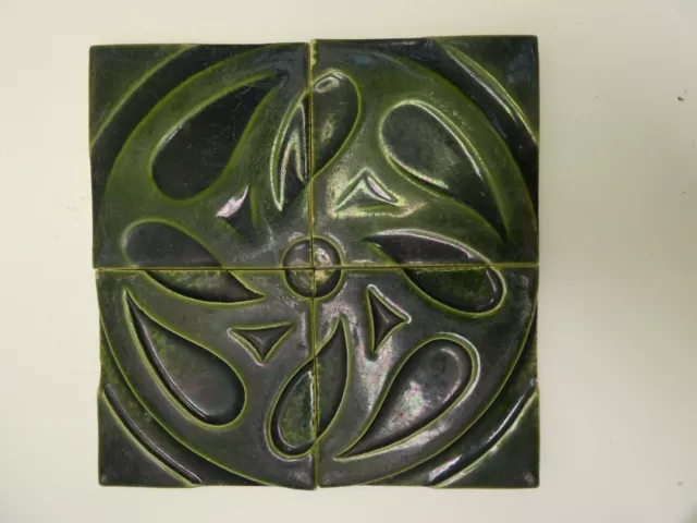 Set 4 Antique Victorian Art Nouveau Celtic Embossed Tiles Green Majolica Glaze