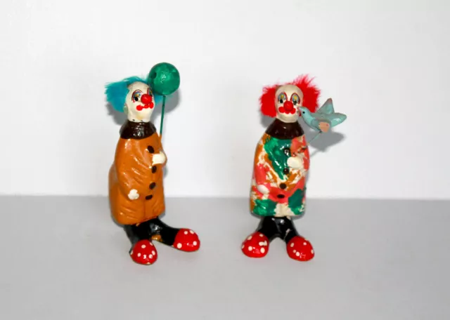 2 CLOWN SUJET STATUETTE EN PLATRE PEINT MAIN - RARE & ANCIEN DECO VINTAGE 12x5cm