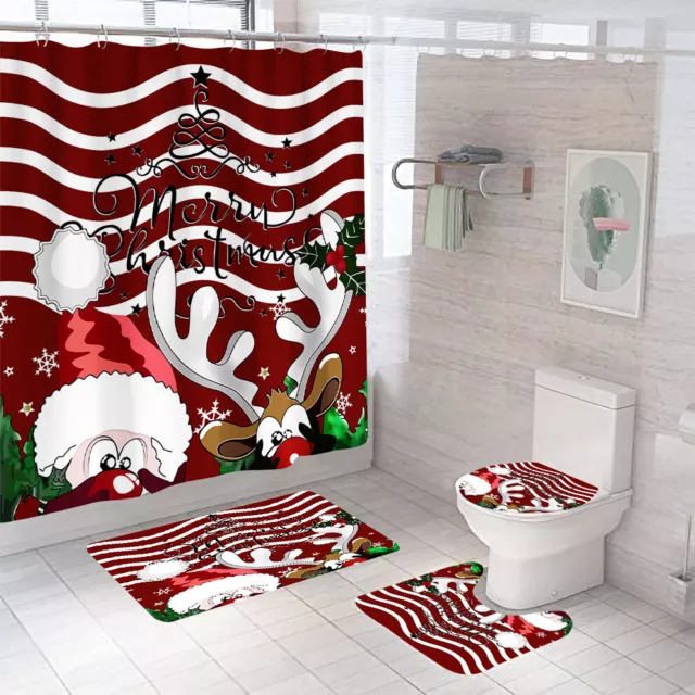 Christmas Santa Shower Curtain Bathroom Rug 4Pcs Set Bath Mat Toilet Lid Cover