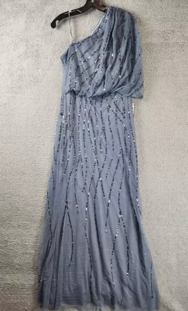 ADRIANNA PAPELL Beaded Draped Sleeve One Shoulder Long Gown Women's 6 Dusty Blue