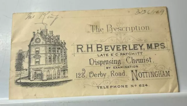Antique Pharmacy Prescription Envelope RH Beverley 128 Derby Road Nottingham