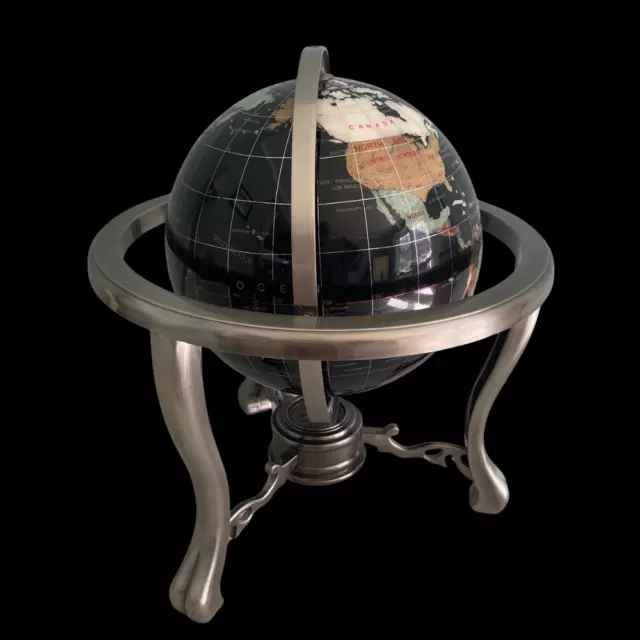 World Globe Black Onyx Gemstone with Silver Tripod Table Top Compass Handmade