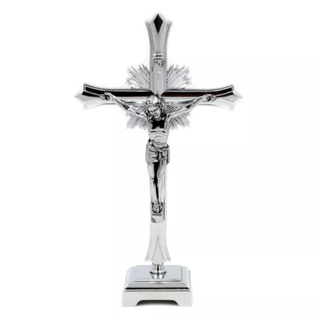 8" Metallic Altar Silver Crucifix With Stand