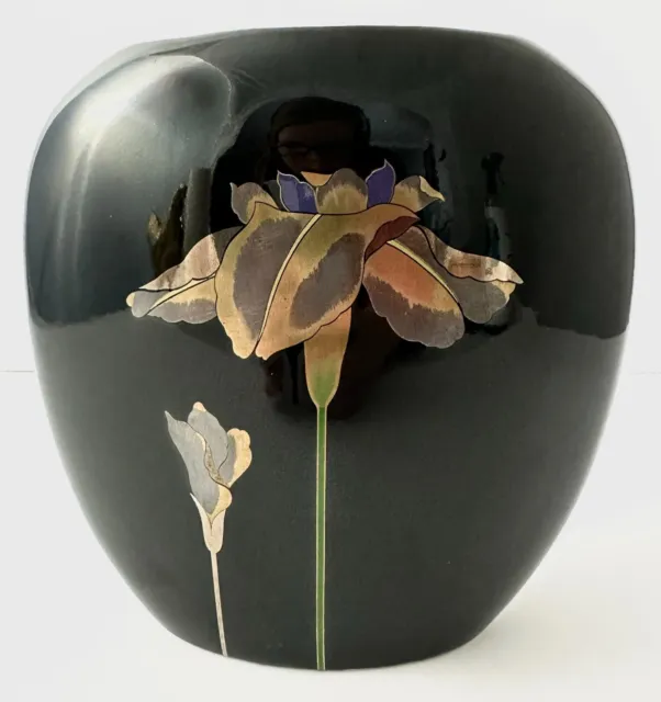 Vintage Golden Iris Otagiri Japanese Oval Ceramic Black Vase