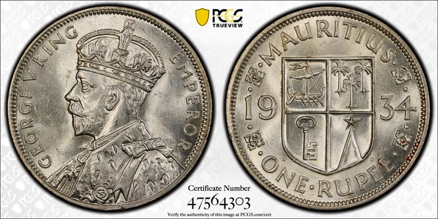 Mauritius, 1934 George V Rupee. PCGS MS 63. 1,500,000 Mintage.
