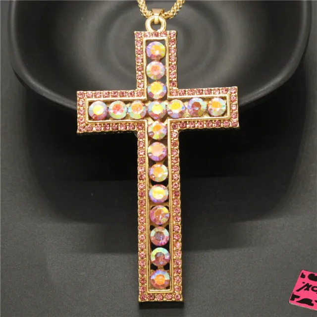 Fashion Women AB Pink Prayer Cross Bling Crystal Pendant Chain Necklace