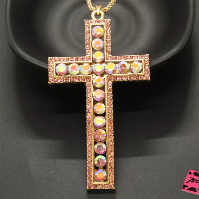 Fashion Women AB Pink Prayer Cross Bling Crystal Pendant Chain Necklace