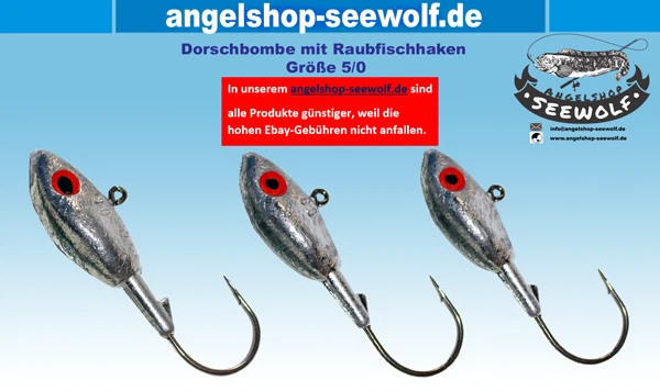 Dorschbombe Raubfischhaken Jigkopf Bleikopf Gr. 5/0 45g, 60g, 70g Hecht, Zander