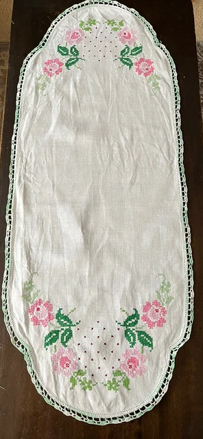 Vintage Hand  Cross Stitched Crocheted Edge Linen Dresser Scarf 34” x 14”