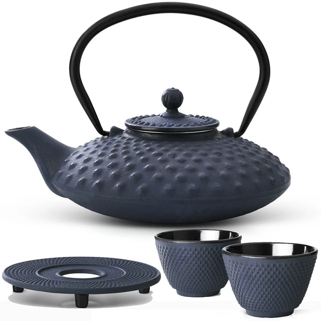 Asia Tee Set Gusseisen asiatisch Teekanne Teesieb Becher Untersetzer 0,8 L blau