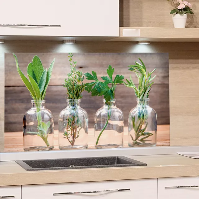 Küchenrückwand Glas Küche Motiv Kräuter Holzoptik Spritzschutz Herd ESG Glasbild
