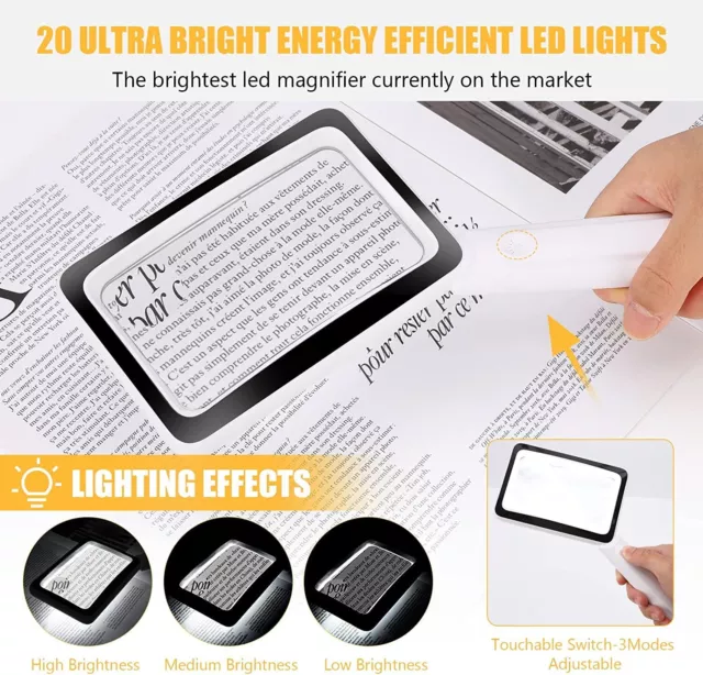 10X 3X Rechargeable Handheld Magnifier Reading Magnifying Glass 20 LED Light UK✅