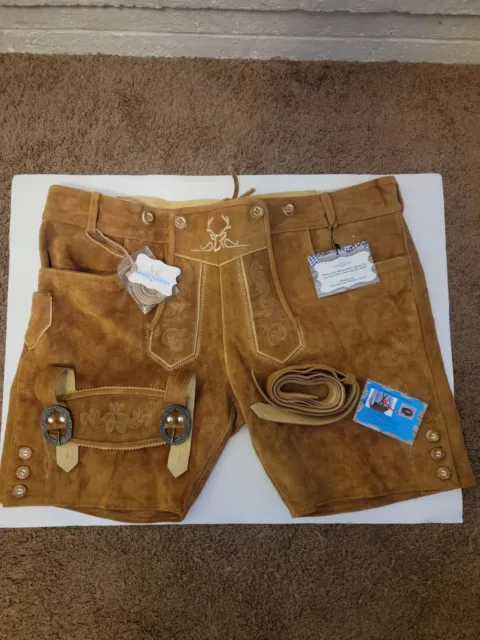 Bavaria Trachten Size 46 Genuine Leather Lederhosen Shorts And Suspenders, NWT!